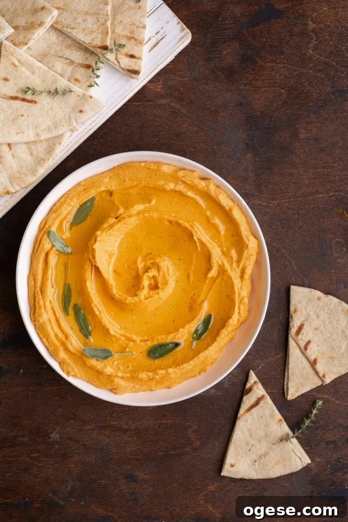 overhead shot of sweet potato hummus in a bowl served with pita