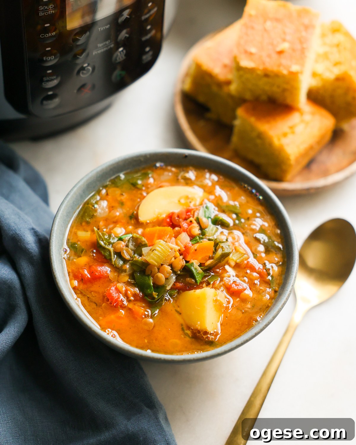 Hearty Instant Pot Lentil Soup Recipe for Busy Weeknights 2 bowl of lentil soup on counter