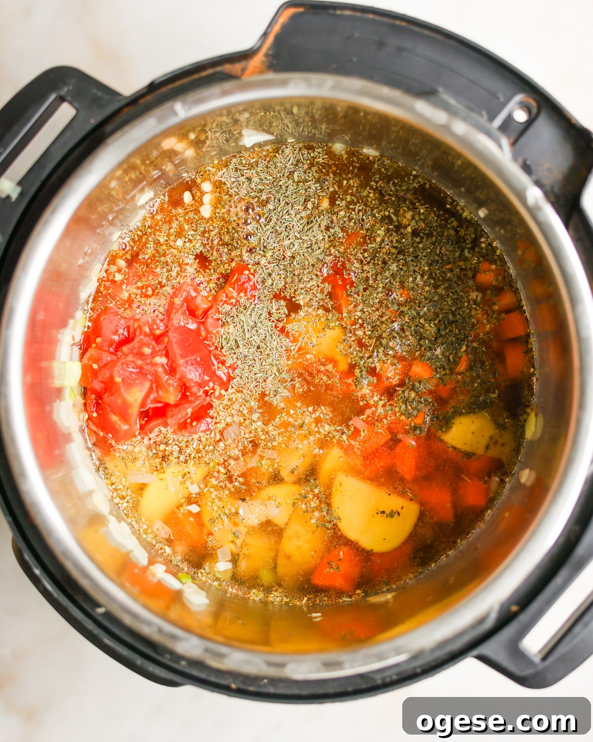 Hearty Instant Pot Lentil Soup Recipe for Busy Weeknights 7 overhead of ingredients in instant pot
