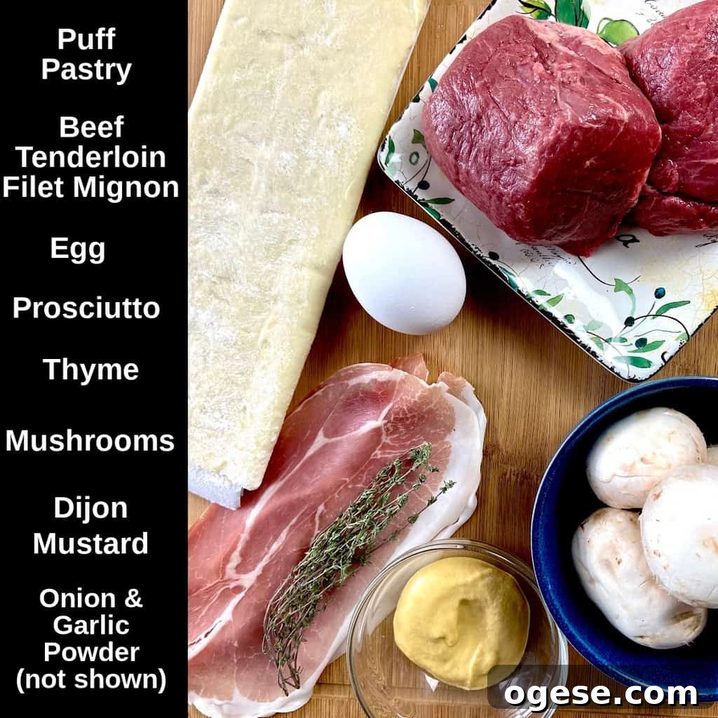 Individual Beef Wellington Recipes and Tips for Perfect Portions 3 Ingredients labeled on counter.