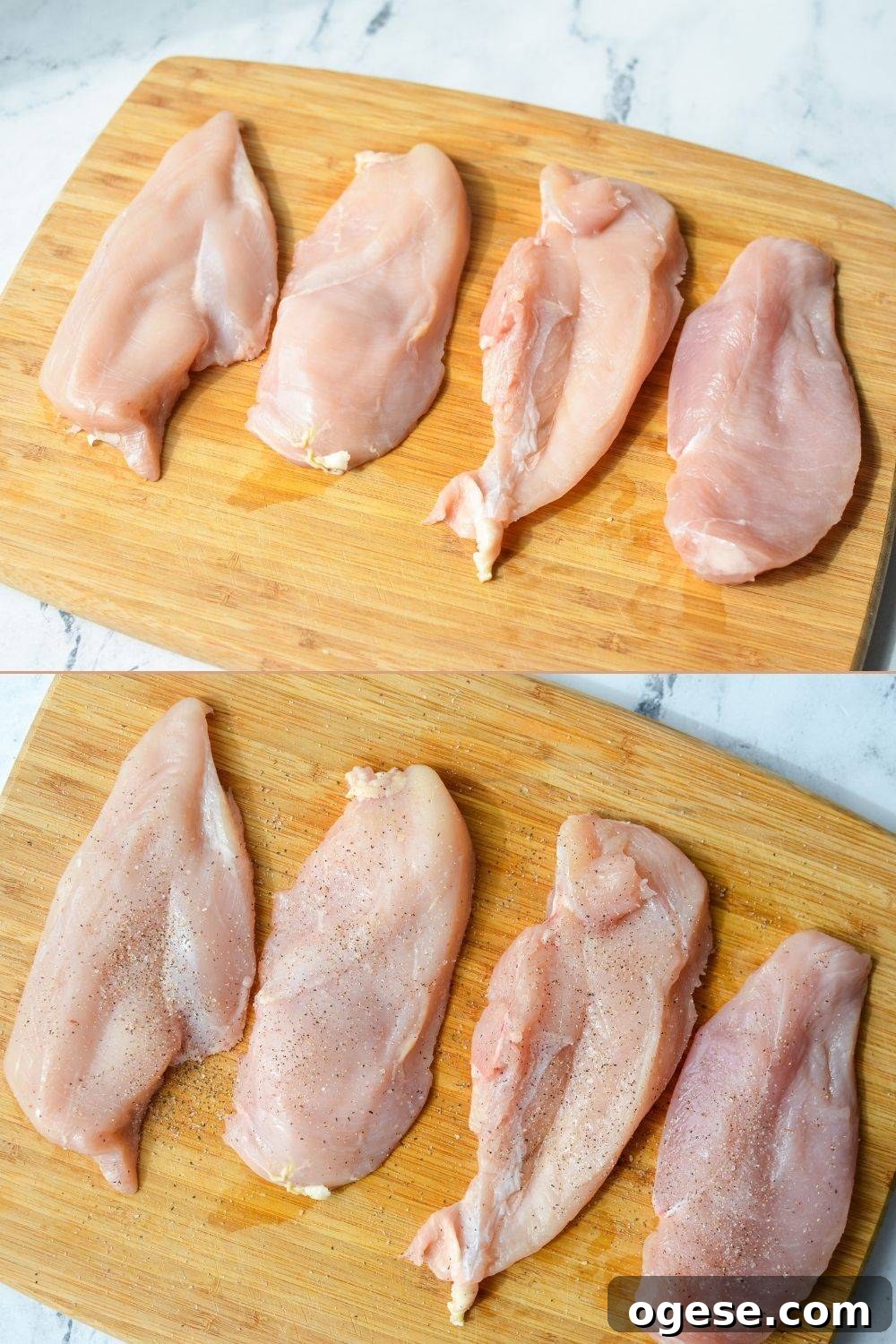 Chicken breast being sliced in half through the middle and sprinkled with salt and pepper.