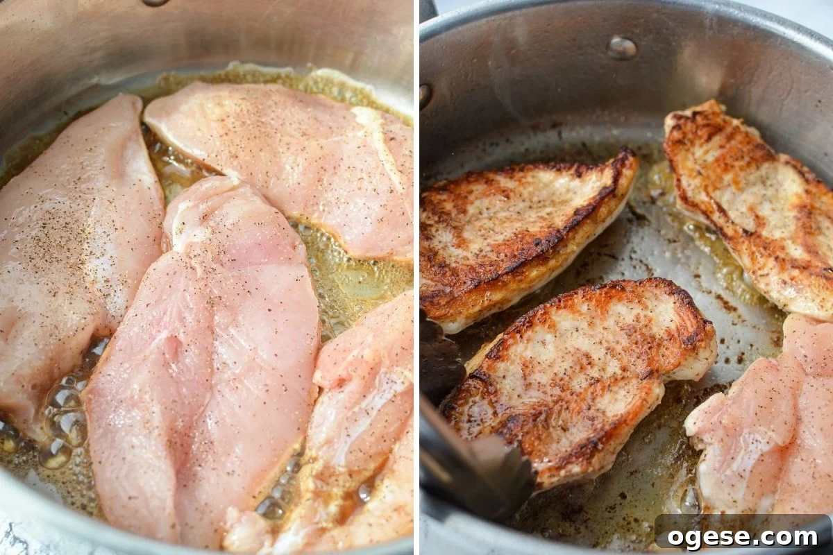 Browning the chicken on both sides in a hot skillet.