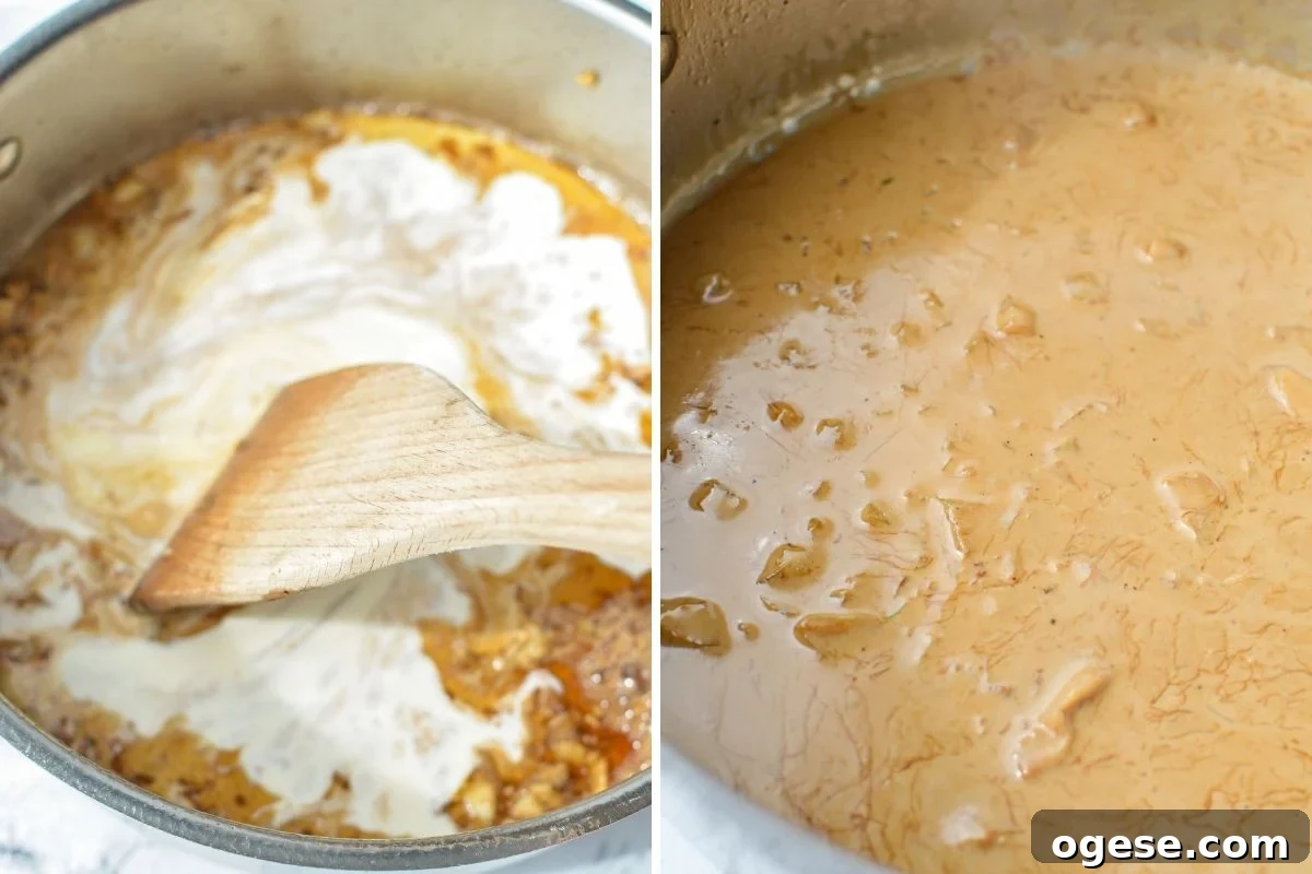 Scraping up the bottom of the skillet to incorporate everything into a creamy sauce.