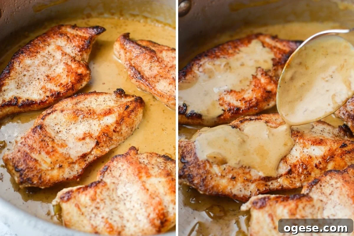 Adding chicken breasts back to a skillet to coat with sauce.