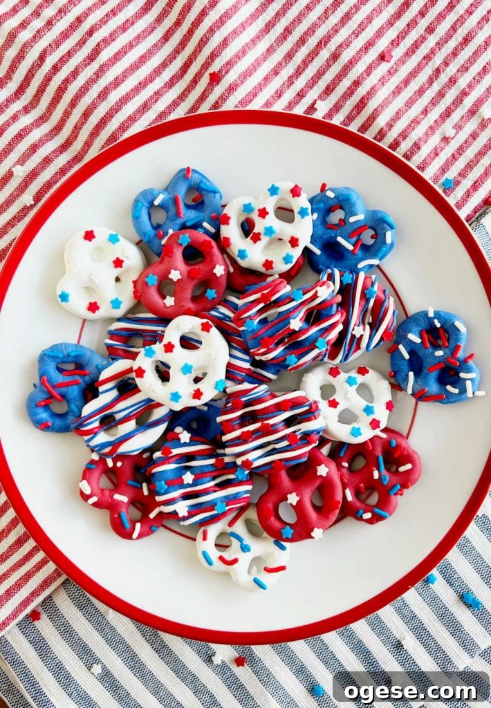 patriotic pretzels with star sprinkles on fourth of july table.