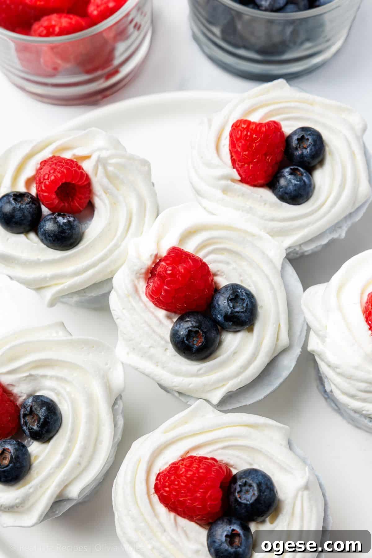 Six no-bake mini blueberry cheesecakes arranged on a white plate, each finished with whipped cream, blueberries, and raspberries.