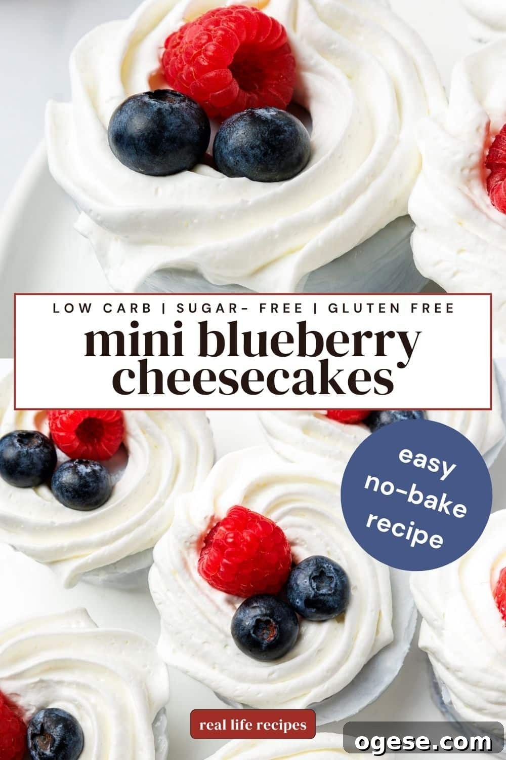 Mini blueberry cheesecakes topped with whipped cream, fresh blueberries, and raspberries on a white plate – low carb, sugar-free, gluten-free easy no-bake recipe.
