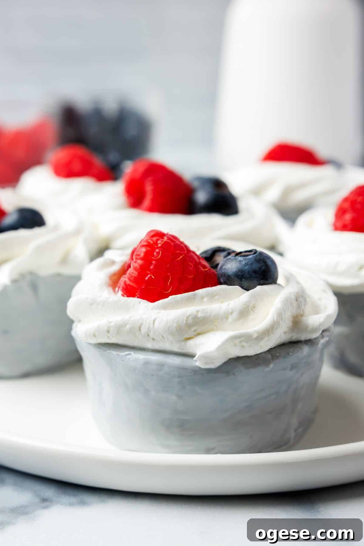 Side view of no-bake mini blueberry cheesecakes in silicone cups on a white plate, topped with whipped cream and fresh berries