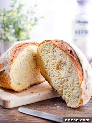 The bread is cut open with a bottle of kefir in the background.