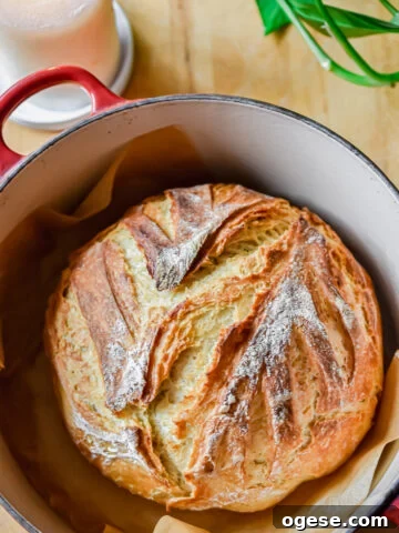The sourdough discard bread is in a Dutch oven on a cutting board.
