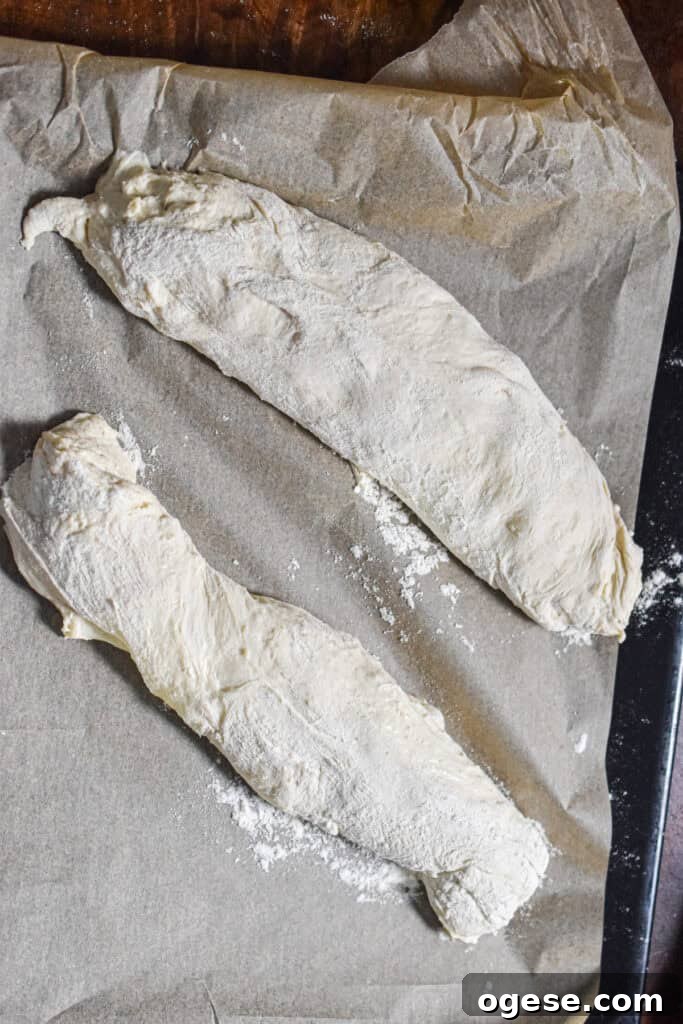 How to Make Crispy-Outside, Airy Ciabatta at Home 8 The two loaves are on a piece of parchment paper.
