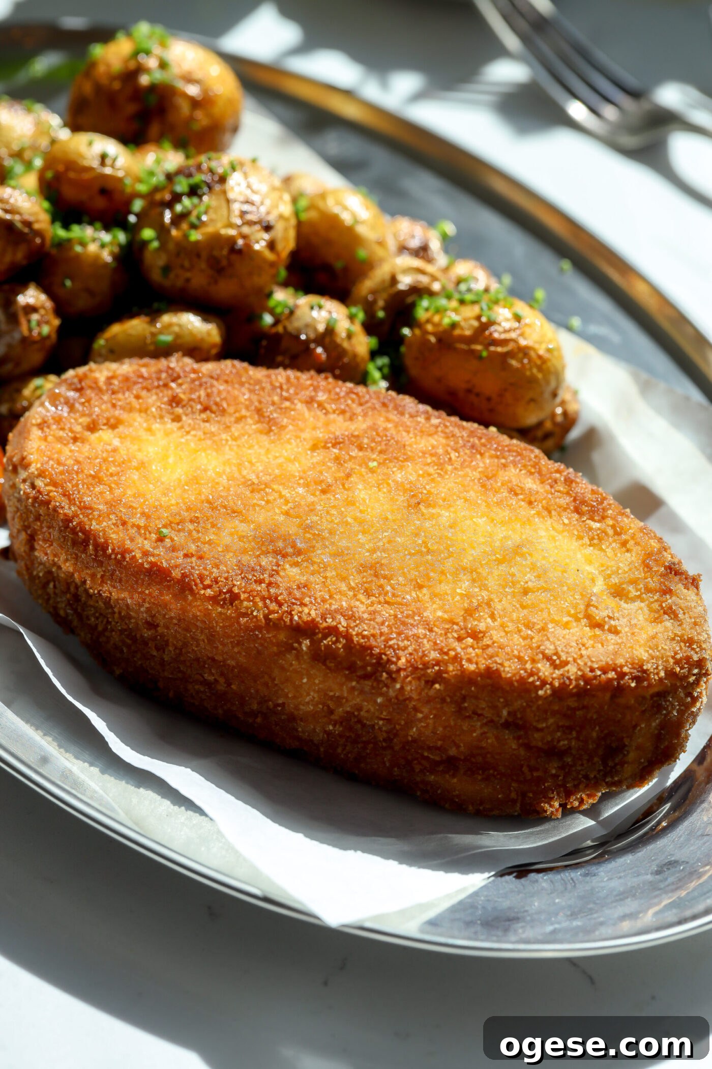 Crispy Fried Cheese Wheel Recipe: Gooey Center, Crunchy Crust 4 Round appetizer with golden crust served alongside roasted peewees.