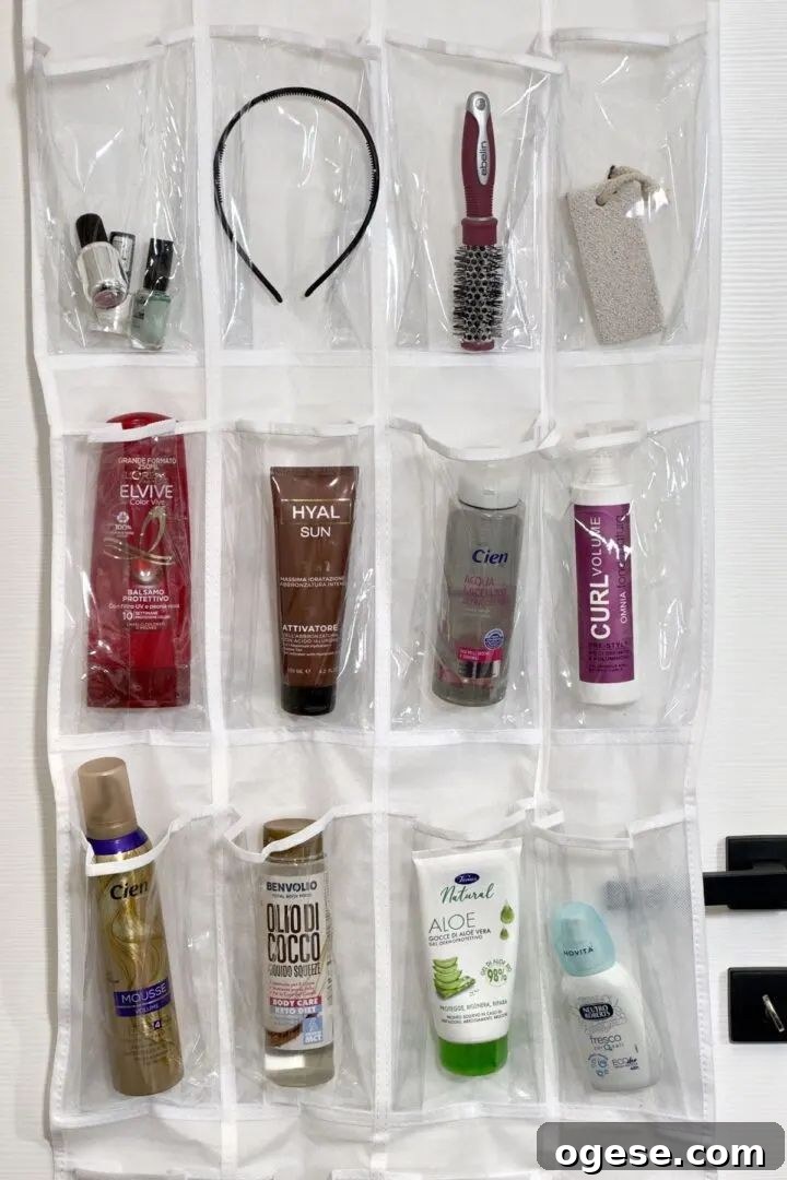 Over-the-door storage with clear pockets