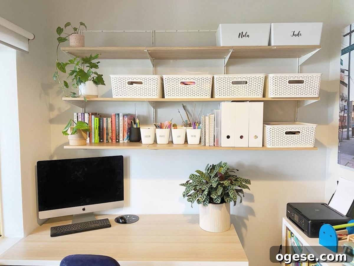 Shelves in a home office keeping desk clear