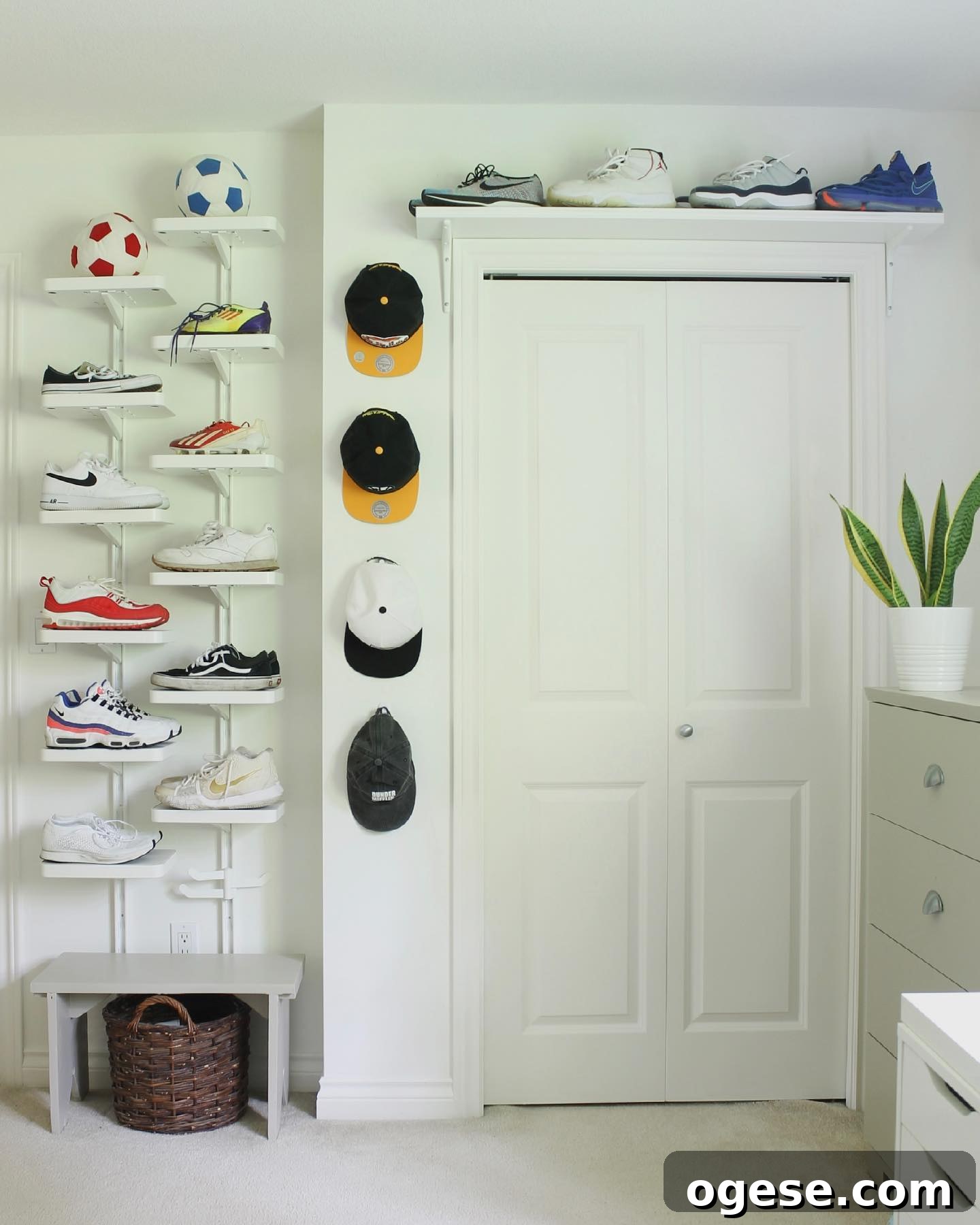 Shoes displayed on wall-mounted shelves