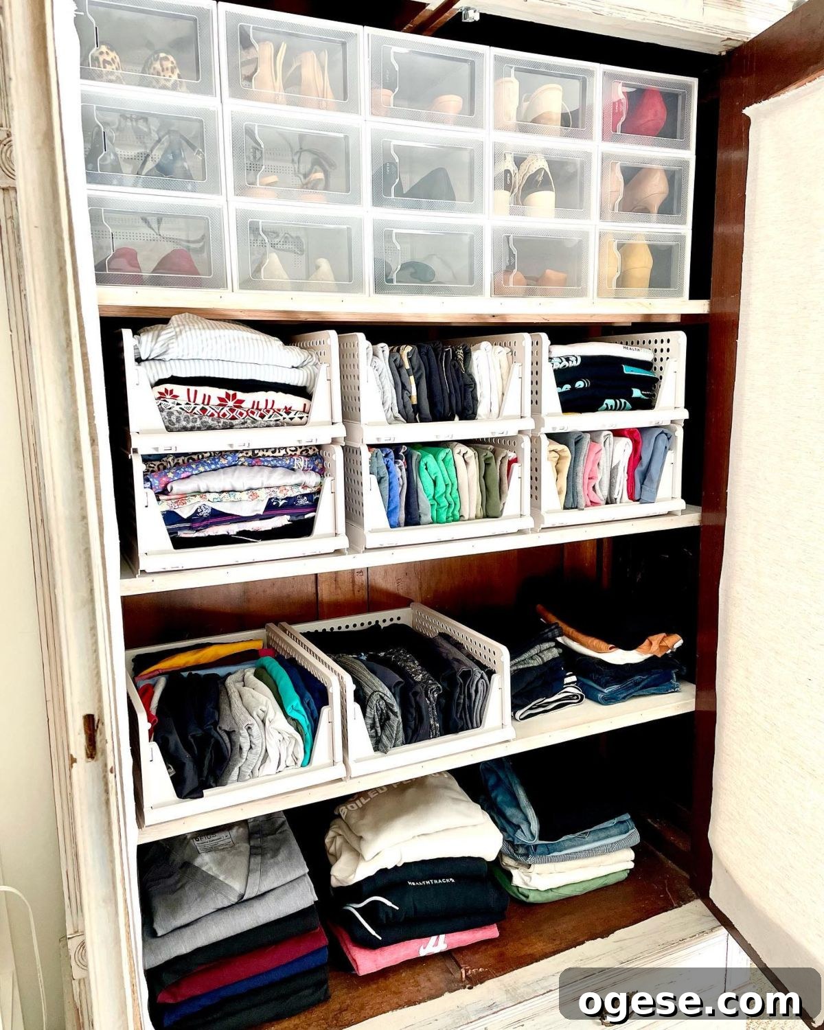 Stacked shoe boxes and baskets in a closet