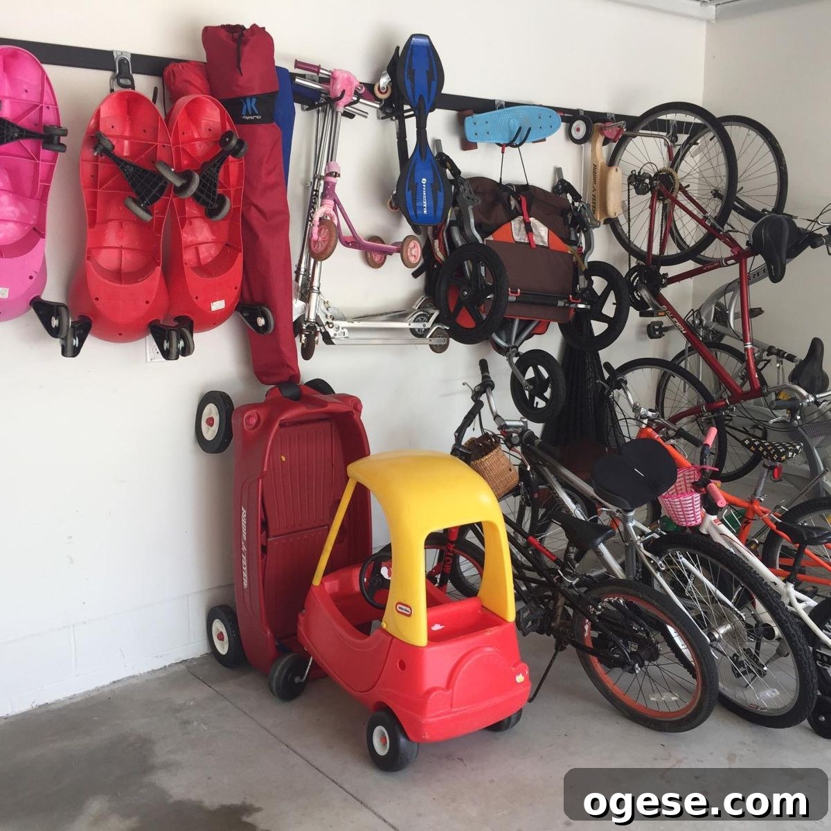 Garage wall with hanging bikes and tools