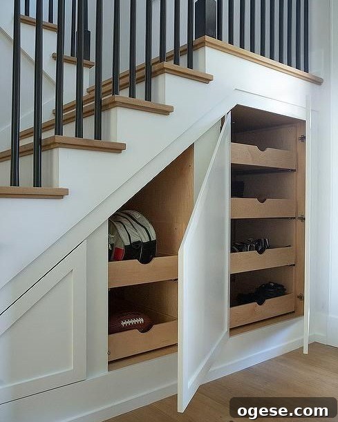 Shelves installed under a staircase