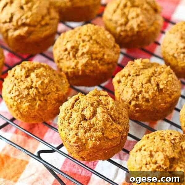 Pumpkin bran muffins on a wire rack.