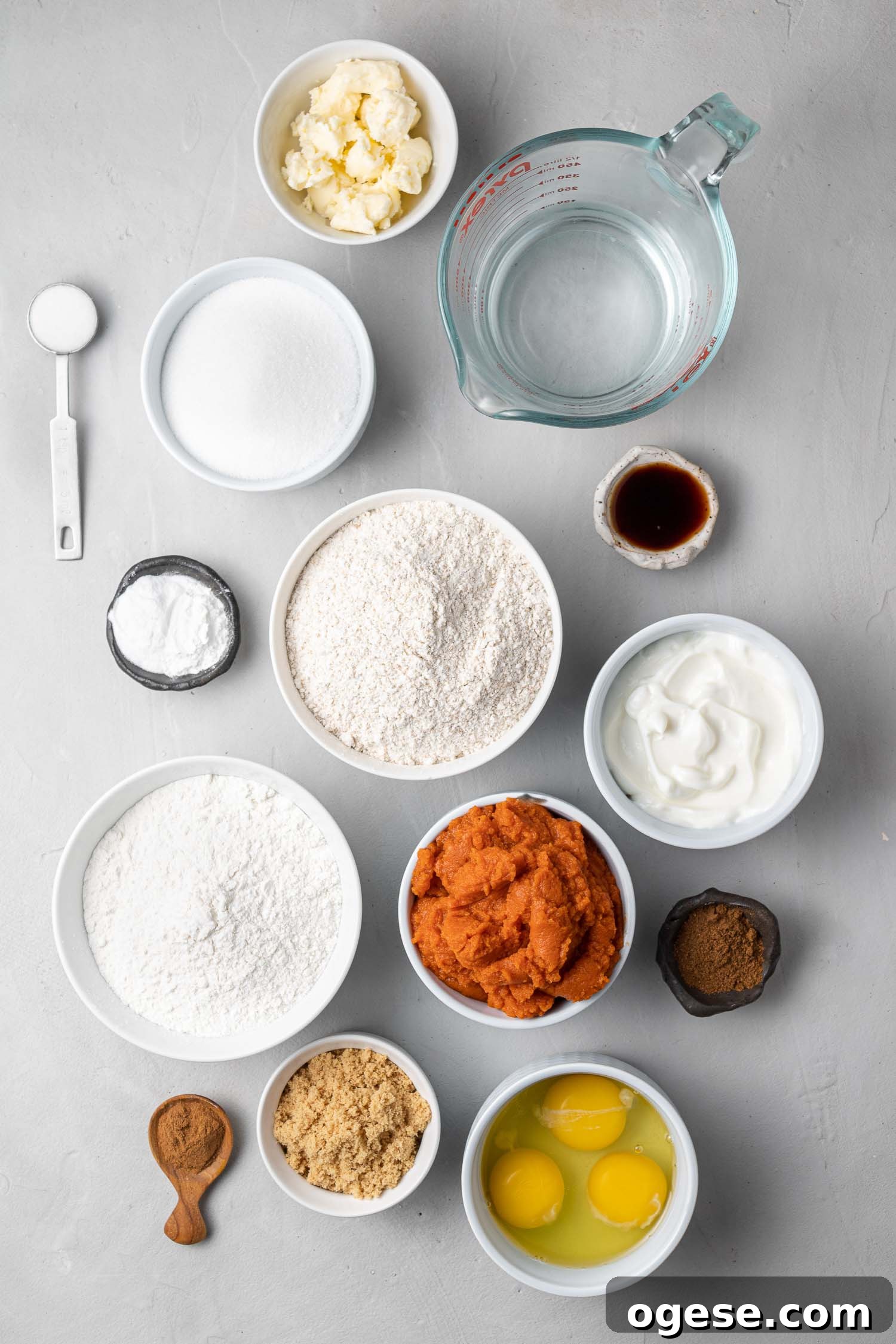 Pumpkin streusel bread ingredients Overhead view of ingredients needed including pumpkin puree.