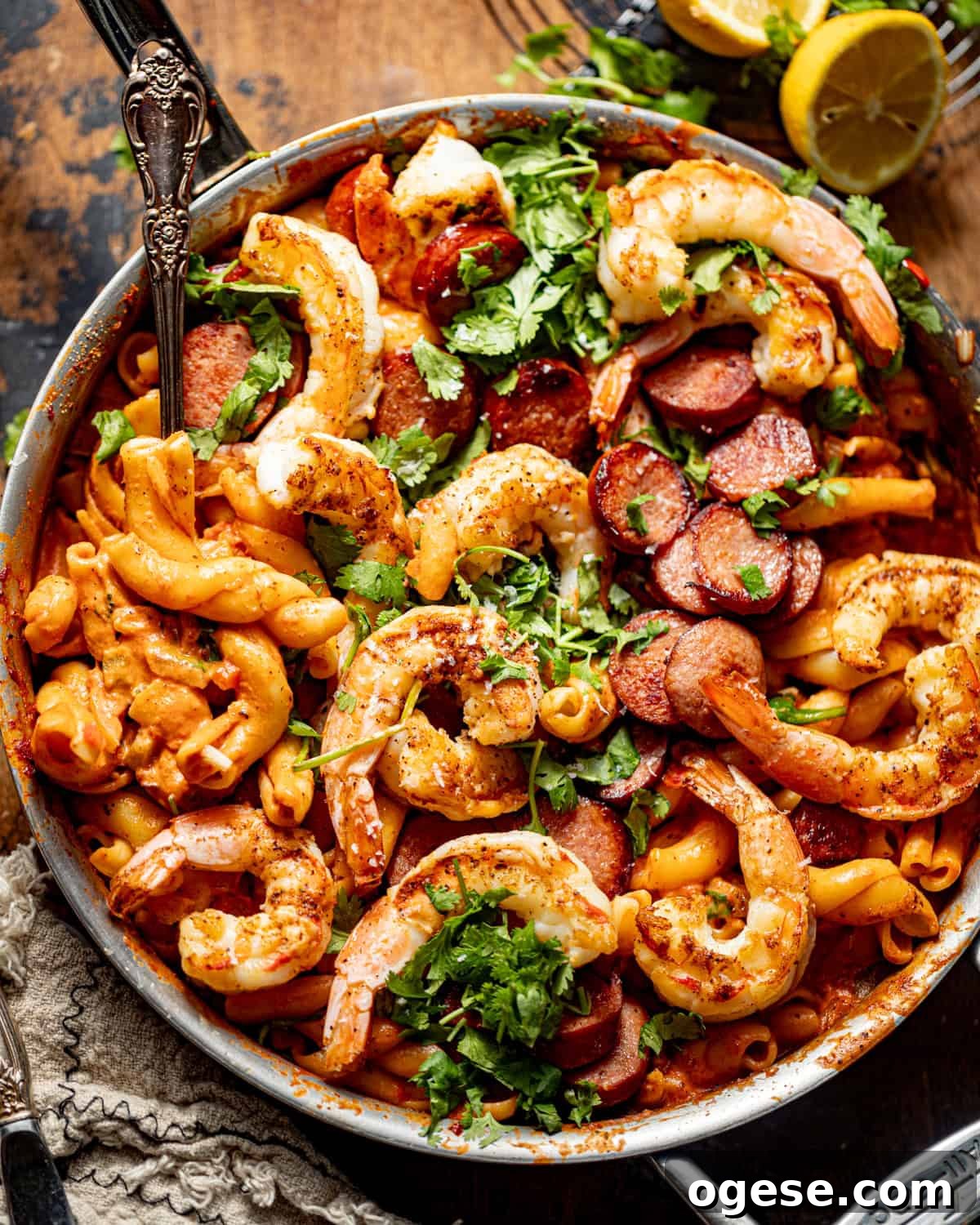 cajun shrimp and sausage pasta in a skillet.