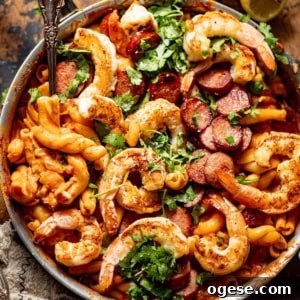 cajun shrimp and sausage pasta in a skillet.