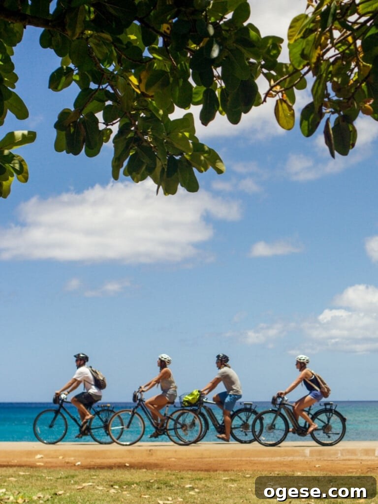 Oʻahu Bike Tours: Explore the Island by Bicycle 2 People riding hired Hawaiian Style Rentals bicycle along Ala Moana Beach Park, close to Waikīkī.