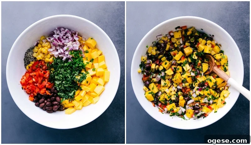 Preparing Mango Salsa: Mixing Ingredients Combining all the fresh ingredients for mango salsa in a bowl and mixing them together.
