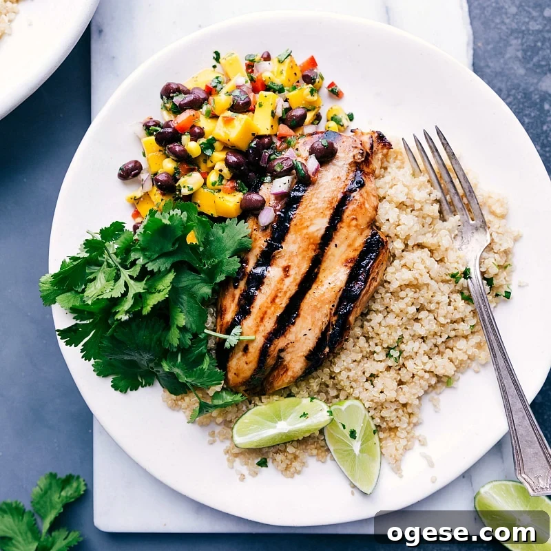 Savory Chicken Quinoa Bowl with Mango Salsa and Rice A delightful chicken quinoa bowl with mango salsa and rice, ready to be enjoyed.