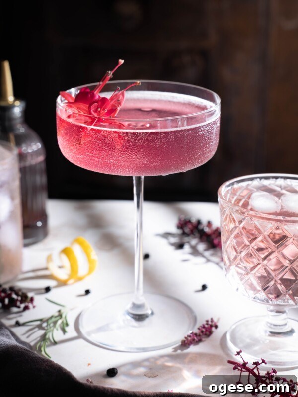 Nocino Cocktail: Crafting a Black Manhattan with Walnut Liqueur 8 A beautifully pink elderberry cocktail served in a tall coupe glass with an edible flower garnish