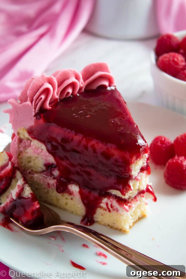 This Vanilla Raspberry Cake has moist and fluffy layers of vanilla cake. Between those layers is a vanilla buttercream with a raspberry sauce. Decorated with a raspberry and vanilla buttercream watercolour design, raspberry buttercream border, garnished with fresh raspberries and more raspberry sauce in the middle.