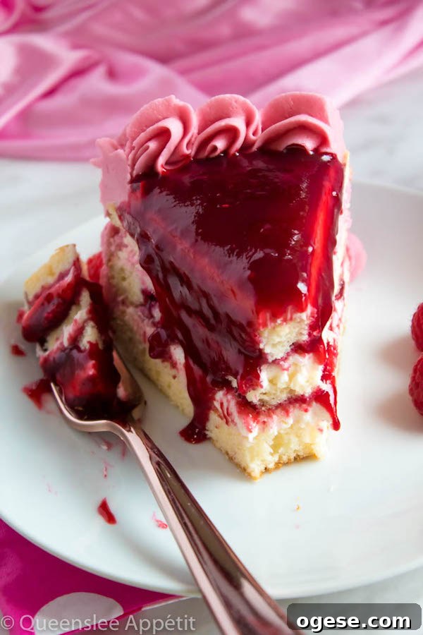 This Vanilla Raspberry Cake has moist and fluffy layers of vanilla cake. Between those layers is a vanilla buttercream with a raspberry sauce. Decorated with a raspberry and vanilla buttercream watercolour design, raspberry buttercream border, garnished with fresh raspberries and more raspberry sauce in the middle.