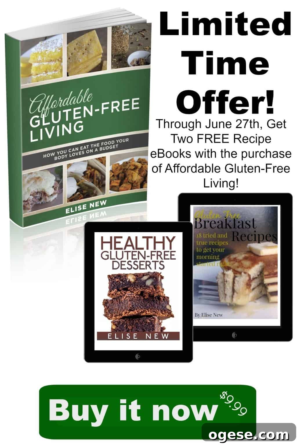 Affordable Gluten-Free Living: Practical Tips for Saving Money 3 Image shows the cover of the book 'Affordable Gluten-Free Living' along with two recipe eBooks, with text that reads 'Limited Time Offer!'