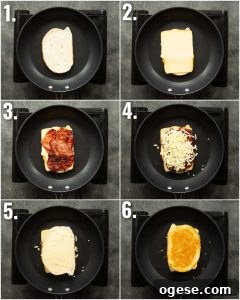6 step by step photos showing how to make a bacon grilled cheese