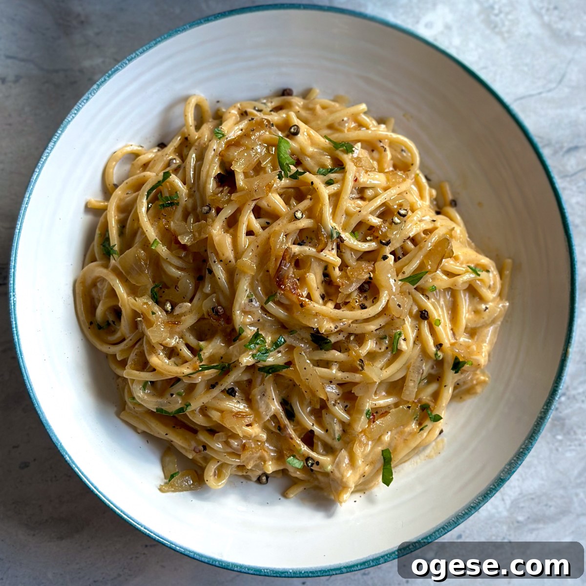 Caramelized Onion Pasta Recipe with Garlic and Parmesan 7 top with parsley