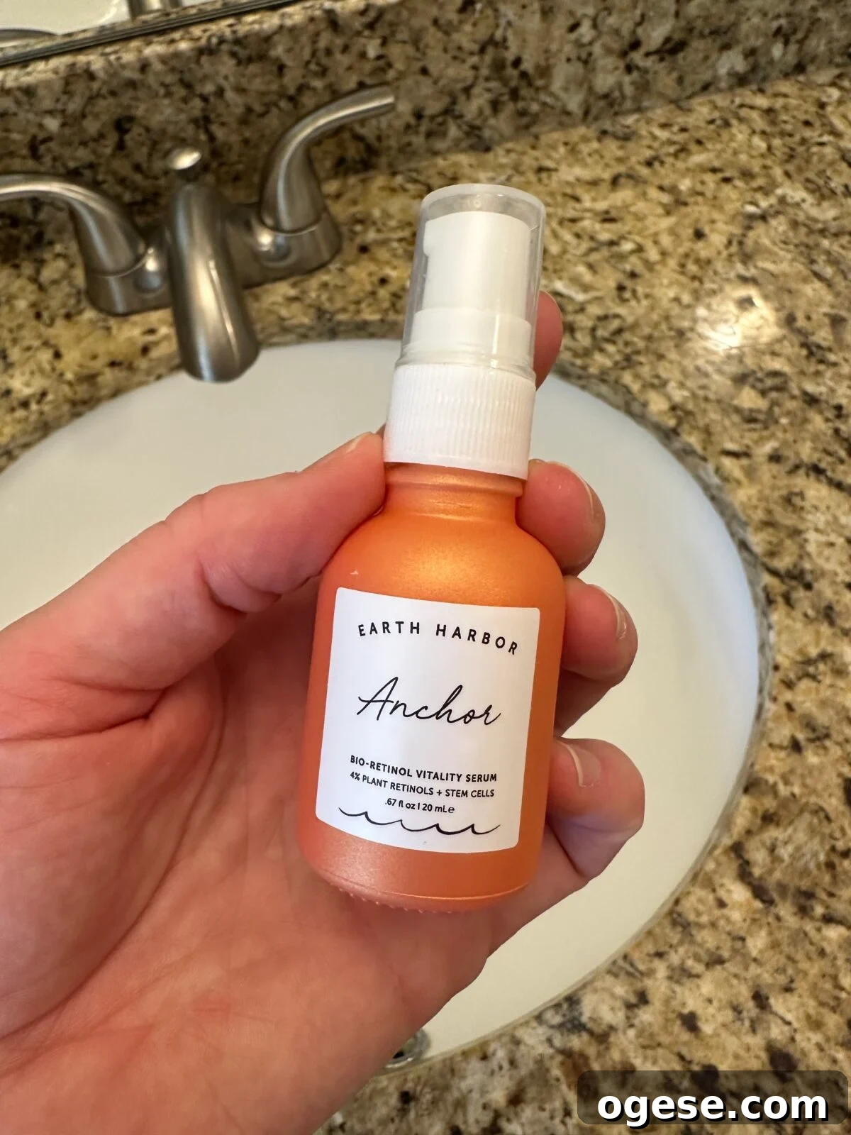 Earth Harbor Skincare Review: Real Pros, Cons, and Results 5 Small orange frosted glass pump bottle of Earth Harbor "Anchor" Bio-Retinol Vitality Serum