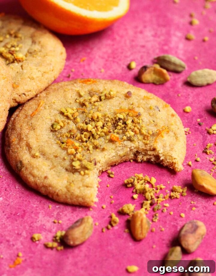 chewy orange cardamom pistachio cookie with bite