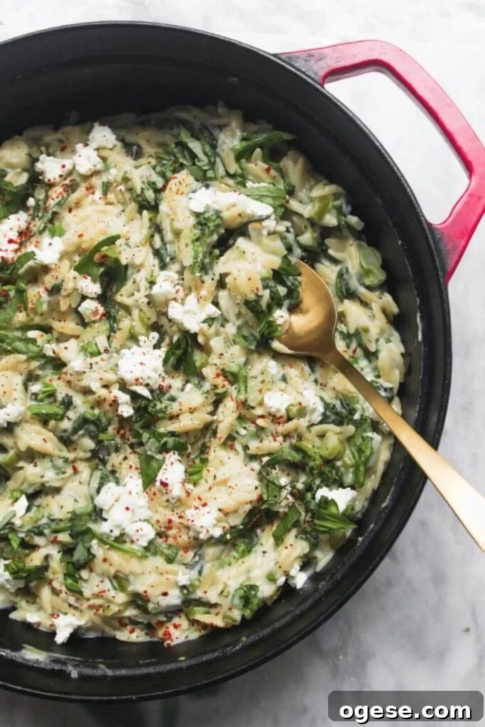 15-Minute Super Green Rigatoni Recipe for Quick Weeknight Dinner 17 Creamy spinach and feta one pot orzo in a black and red pan on a grey marble background.