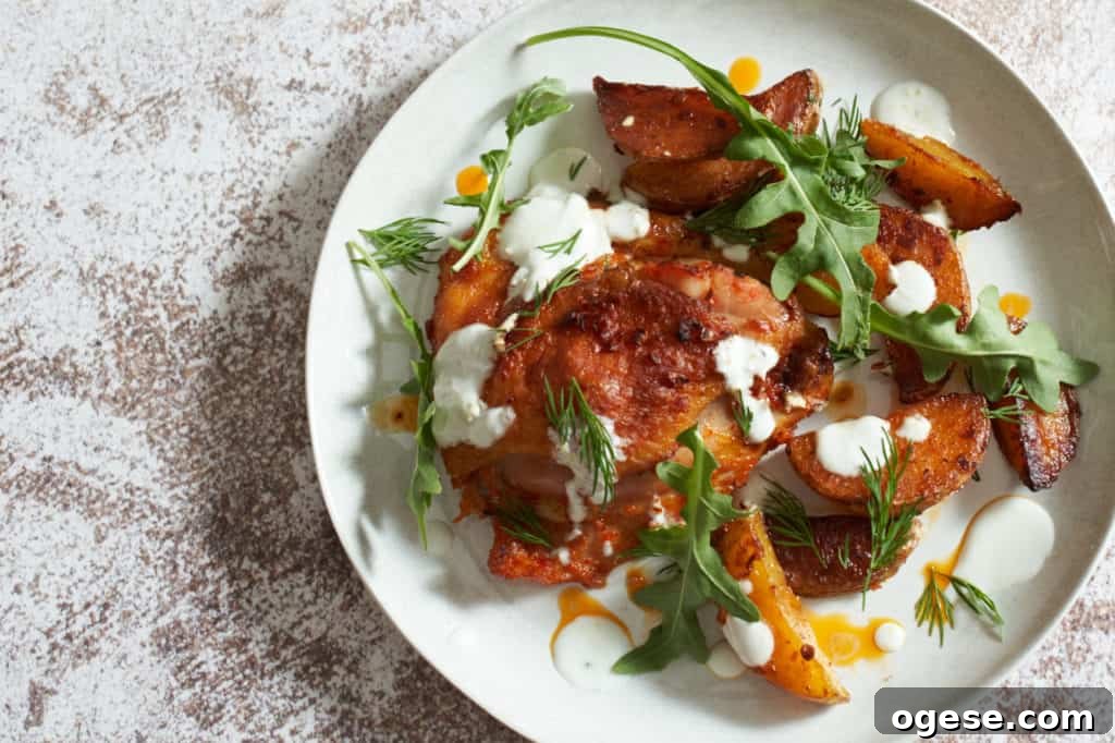 Harissa Roasted Chicken and Potatoes on a Sheet Pan 2 Harissa chicken thighs and potatoes on a white plate topped with herbs and yogurt sauce.