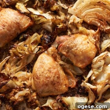 Chicken and cabbage with onions roasted on a sheet pan.