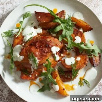 Harissa Roasted Chicken and Potatoes on a Sheet Pan 8 Harissa chicken thighs and potatoes on a white plate topped with herbs and yogurt sauce.