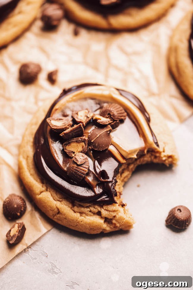 Peanut Butter Cup Chocolate Chip Cookies 12 close up bite shot of a peanut butter sugar cookie topped with chocolate, peanut butter, and chopped peanut butter cups