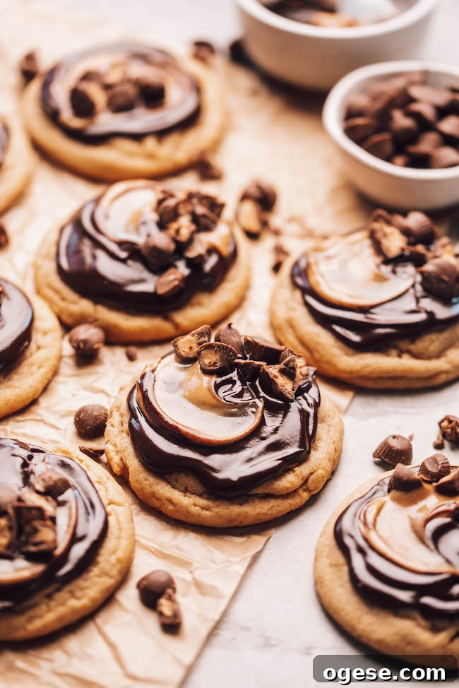 Peanut Butter Cup Chocolate Chip Cookies 10 45 degree angle shot of peanut butter cup cookies