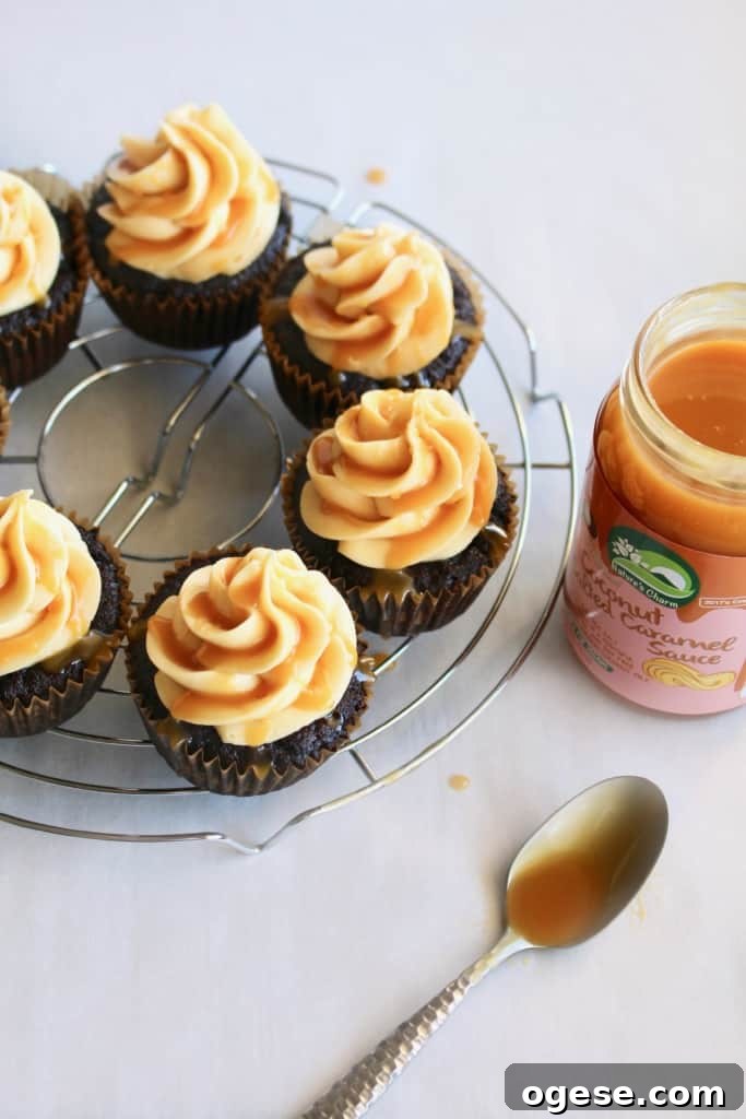 Cupcake with caramel and frosting close-up