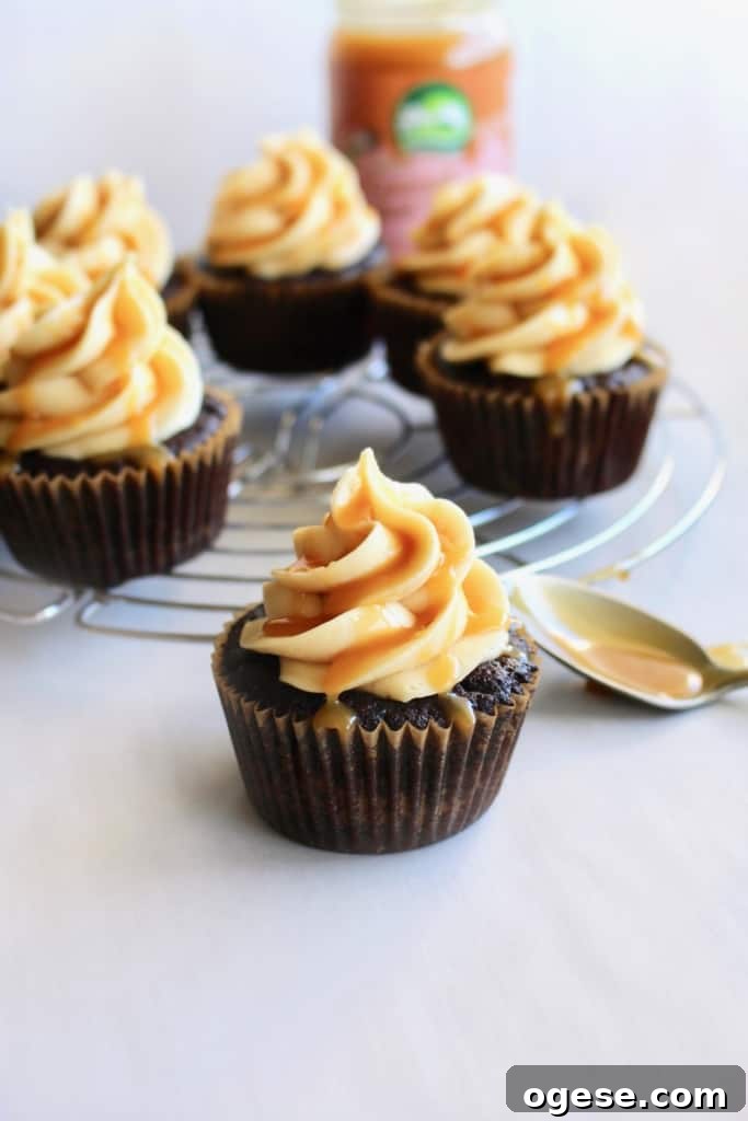 Frosted vegan cupcakes with caramel drizzle