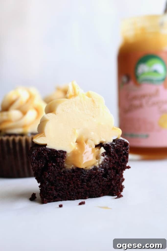 Caramel oozing from a moist cupcake