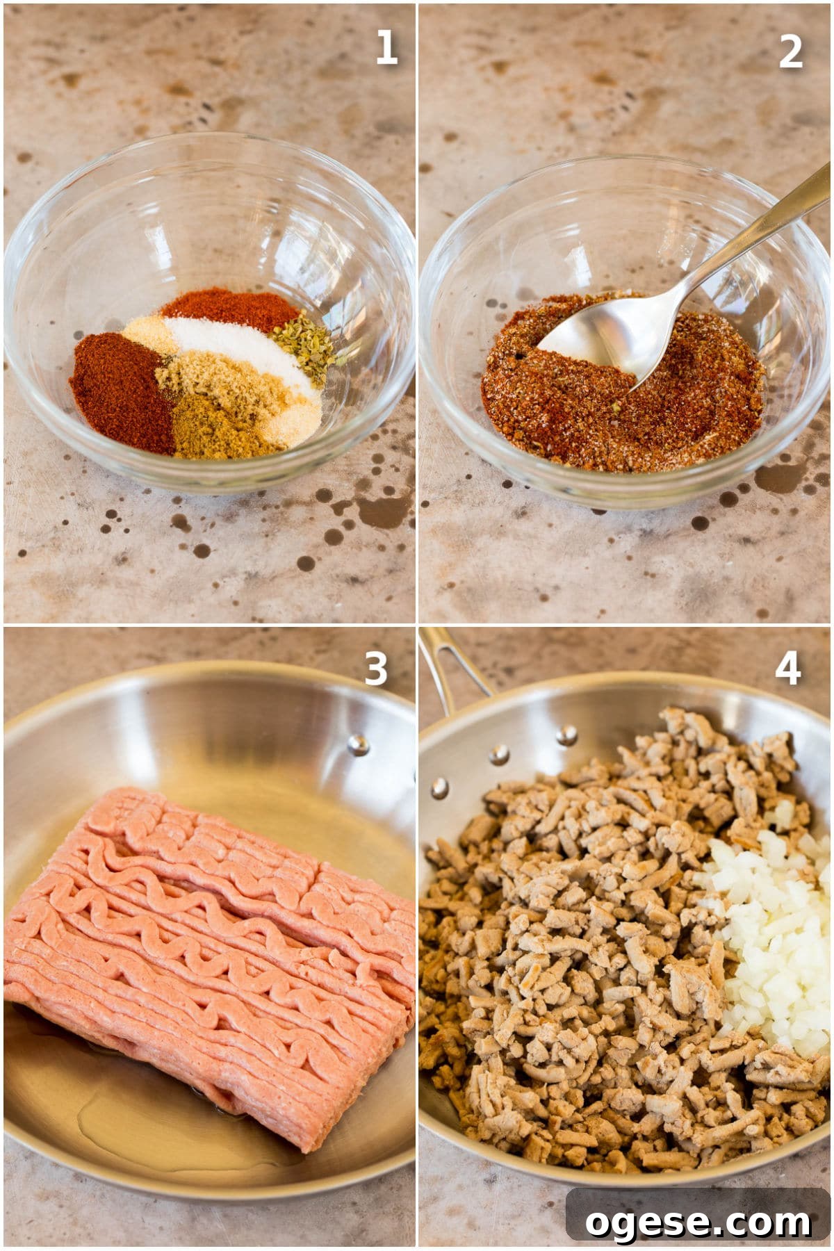 Step by step shots showing how to make spice mix and cook ground turkey.
