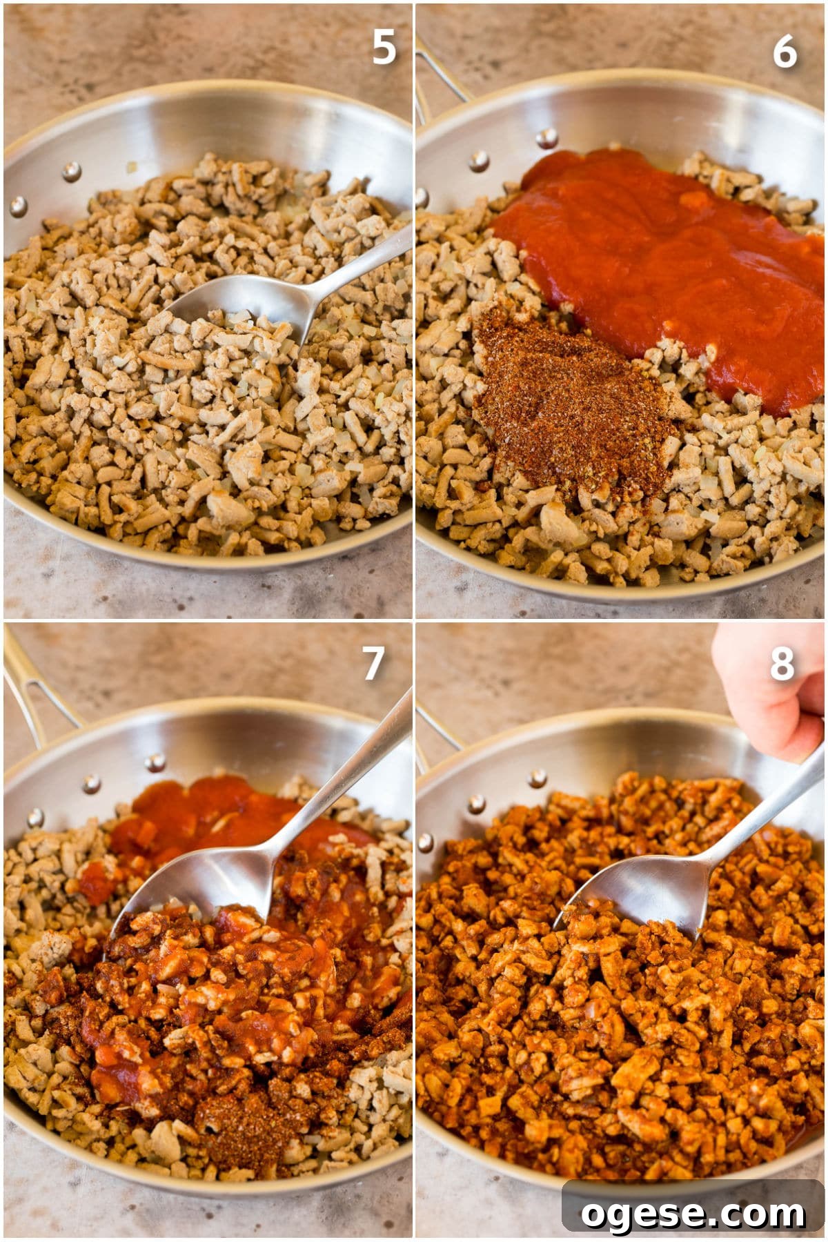 Process photos showing how to season ground turkey with spices and tomato sauce.