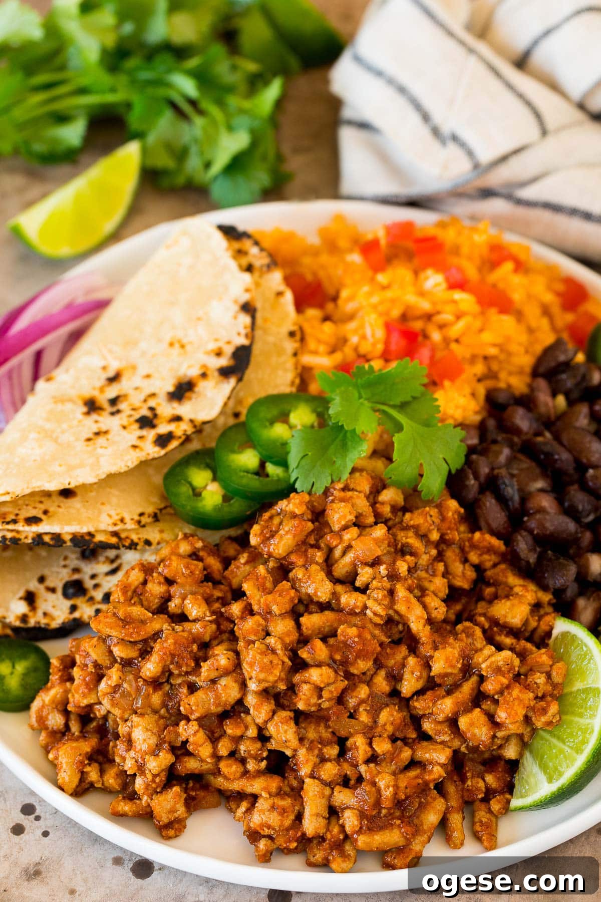 A plate of seasoned ground turkey with rice, beans and tortillas.