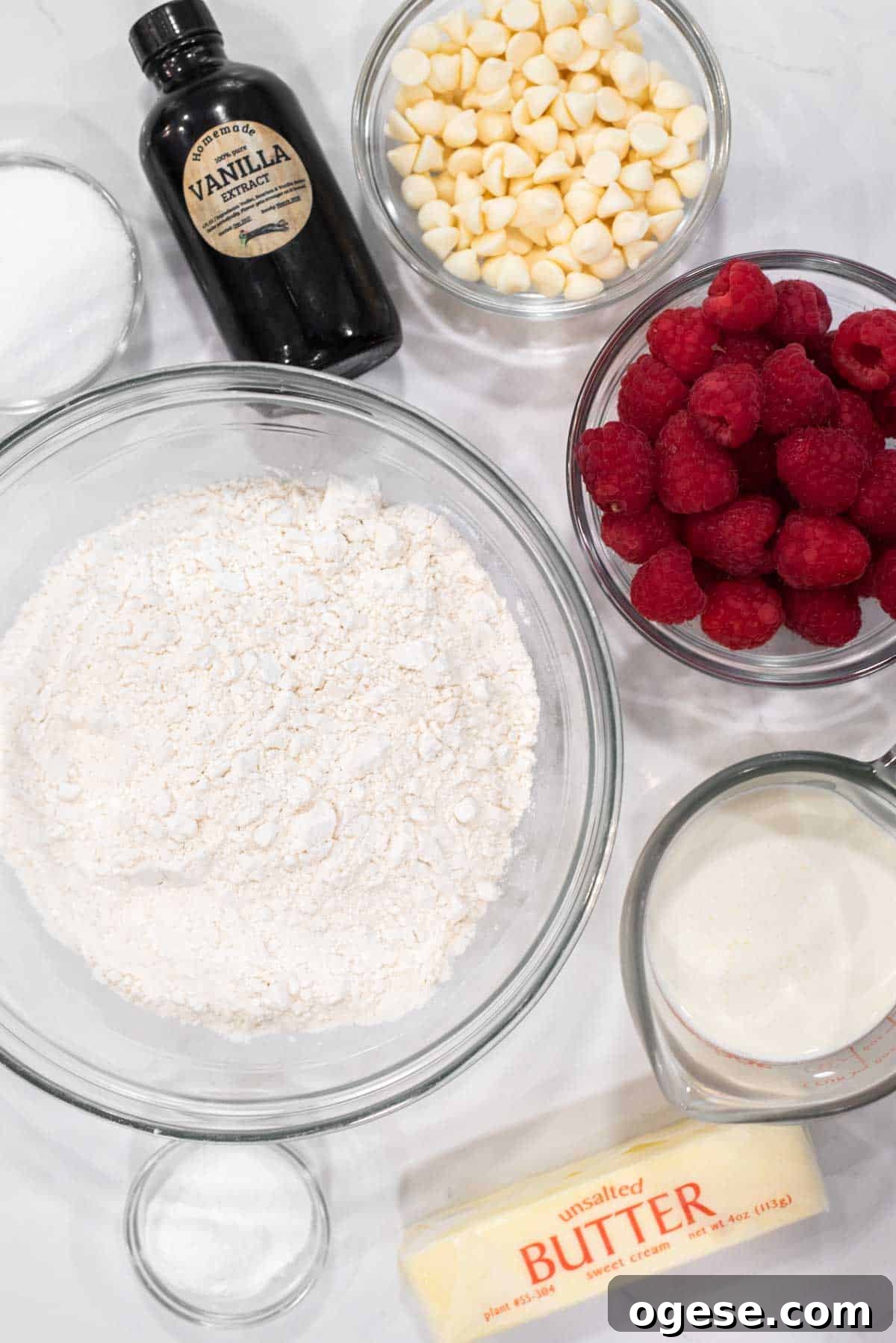 Raspberry White Chocolate Scones Recipe for Perfect Tea-Time Baking 3 overhead shot of ingredients for raspberry and white chocolate scones
